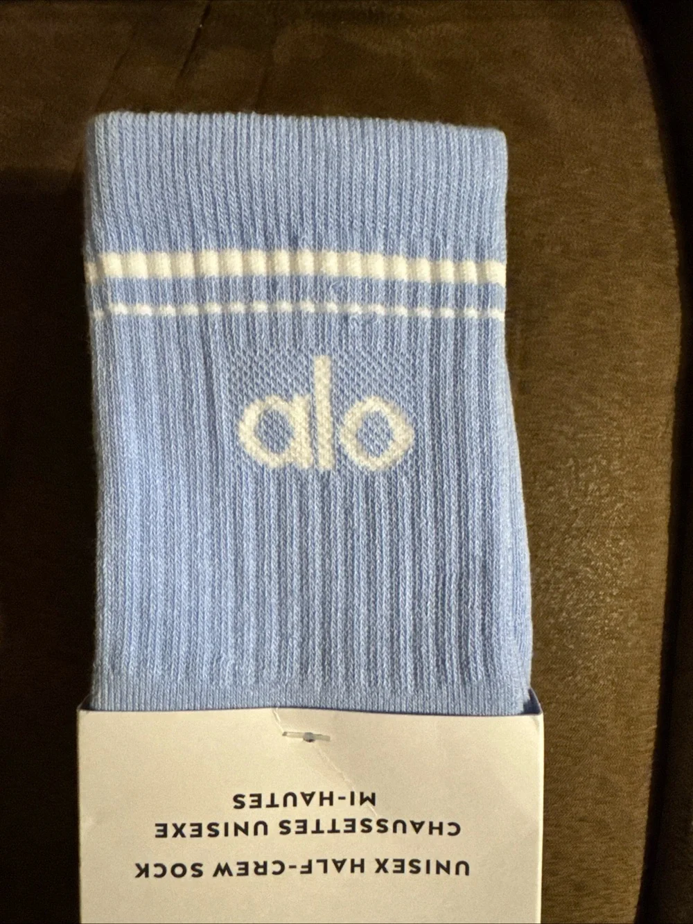 ALO Yoga Light Blue Unisex Half-Crew Athletic Socks with White Logo M